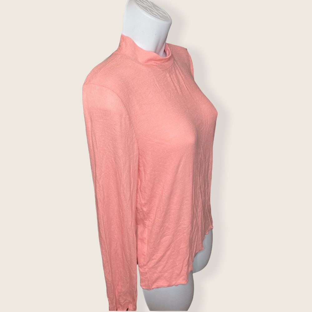 HIPPIE ROSE Juniors Ribbed Mock Neck Long Sleeve Top Pink Lettuce Trimmed